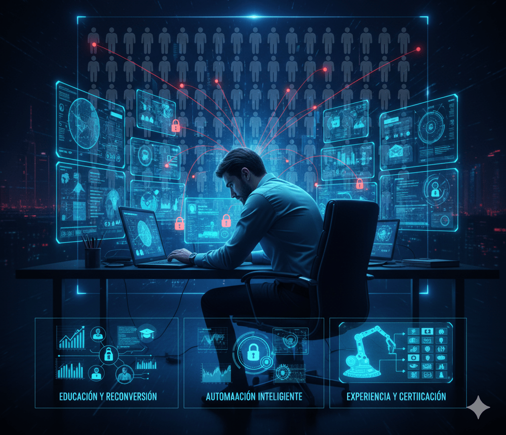 Un profesional de ciberseguridad trabajando en una computadora rodeado de pantallas que muestran datos y gráficos relacionados con la ciberseguridad, la inteligencia artificial y la formación en el campo.
