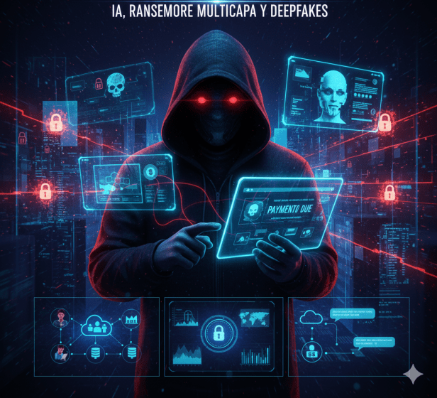 Ilustración de un hacker encapuchado usando una tablet, rodeado de pantallas que muestran datos amenaza de ciberseguridad como ransomware, deepfakes y análisis de redes.