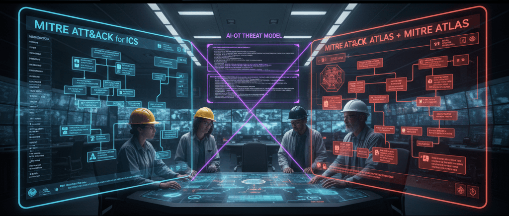 A group of four professionals in hard hats analyzing cyber threat models displayed in a high-tech control room. The screens feature diagrams related to MITRE ATT&CK for ICS and MITRE ATT&CK Atlas, with detailed interconnected flowcharts and information.